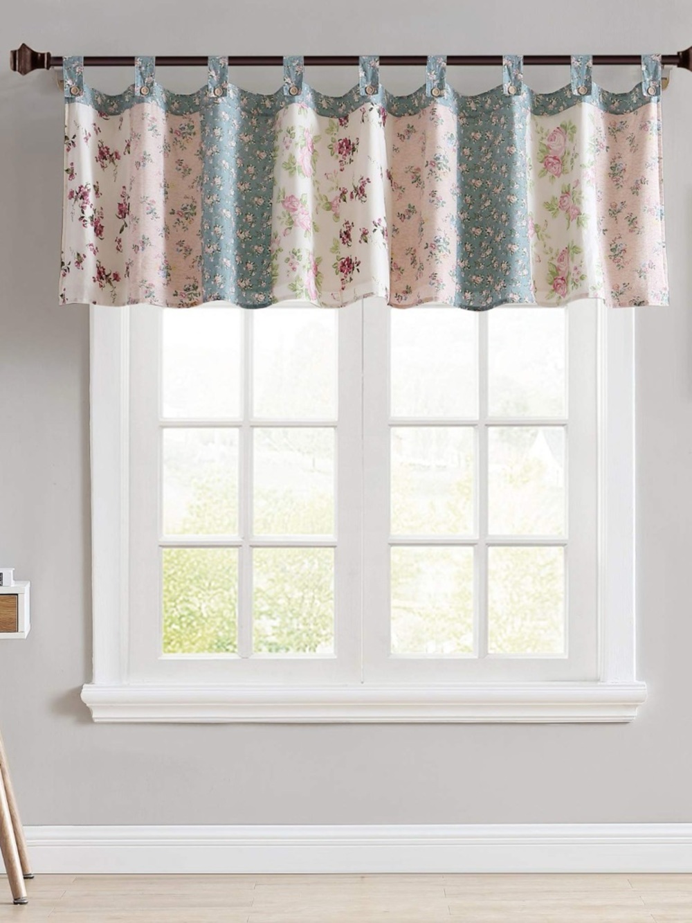 Floral Patchwork Tab Top Valance - Blue and Cream